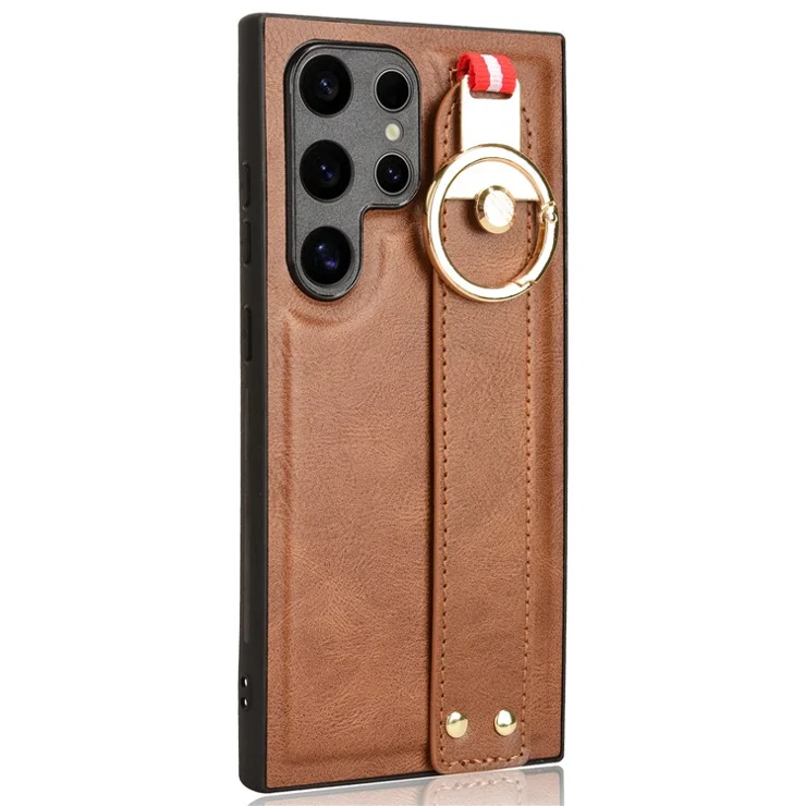 For Samsung Galaxy S24 Ultra Case Slim-Fit PU Leather+PC+TPU Back Shell with Neck Strap - Brown