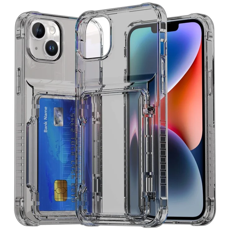 For iPhone 14 Phone Case Card Holder PC+TPU Cover Ultra Transparent - Transparent Black