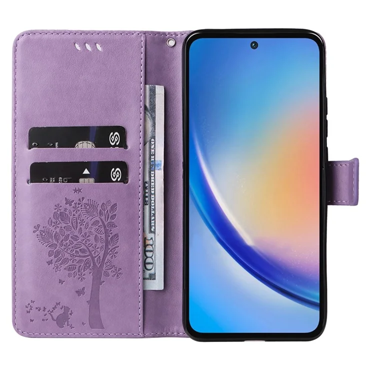 For Samsung Galaxy A35 5G Phone Case with Stand Cat Tree Pattern Leather Wallet Mobile Cover - Light Purple