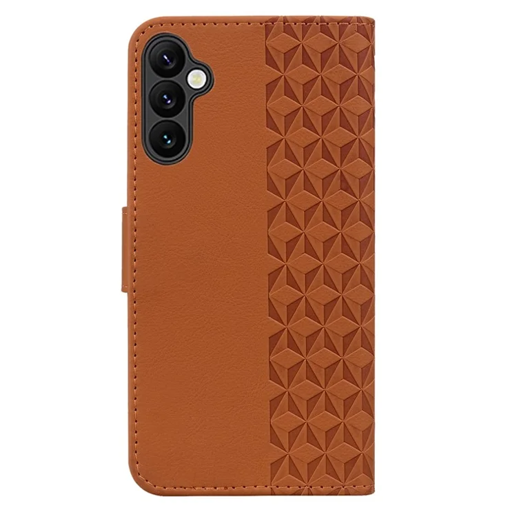 For Samsung Galaxy A55 5G Case Imprinted Rhombus Phone Wallet Cover with Hand Strap - Brown