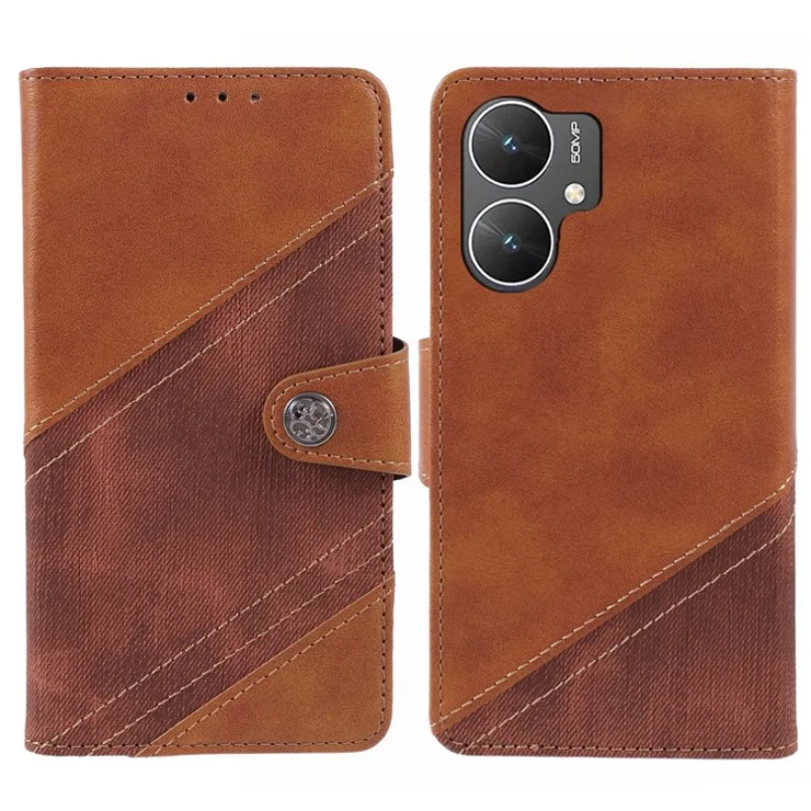For Xiaomi Poco M6 5G / Redmi 13C 5G / 13R 5G Cell Phone Case Splicing Crazy Horse Texture PU Leather Drop-Proof Cover - Brown