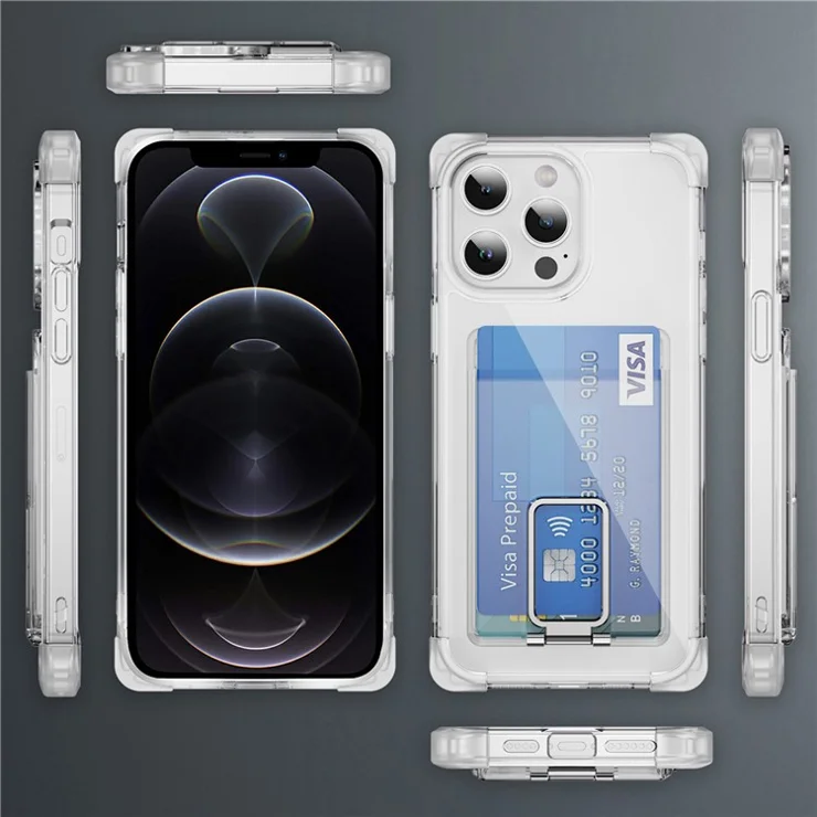 YSM Reinforced Corners Series for iPhone 12 / 12 Pro Case Card Slot Kickstand Clear Cover - Transparent White