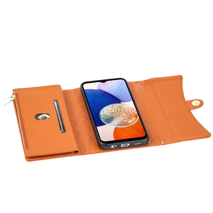 BKS-002 For Samsung Galaxy A24 4G (162.1 x 77.6 x 8.3mm) Leather Case Card Slots Phone Cover with Straps - Brown