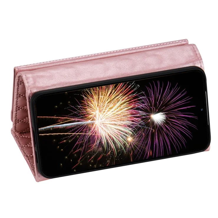 BKS-002 For Samsung Galaxy A55 5G Wallet Case PU Leather Rhombus Phone Cover with 2 Strarps - Rose Gold