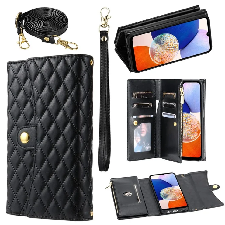 BKS-002 For Samsung Galaxy A14 4G / 5G Case Flip Wallet Leather Phone Cover 7 Card Slots - Black