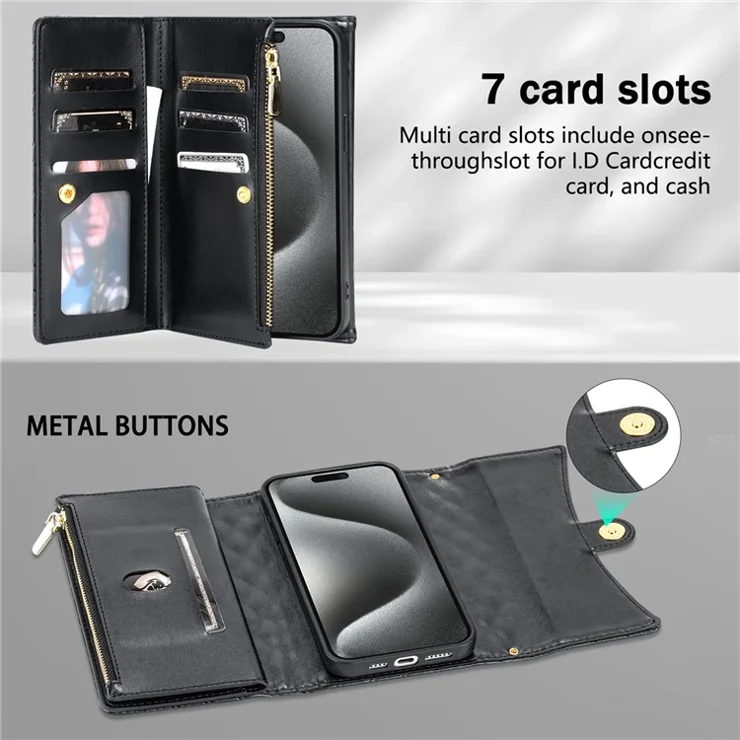 BKS-002 For iPhone 12 / 12 Pro Leather Wallet Case Folio Protective Phone Cover Zipper Pocket Stand - Black
