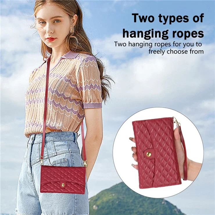 BKS-002 For iPhone 13 Pro Wallet Case Folio Leather Phone Cover with 7 Card Slots Stand Zipper Pocket - Red