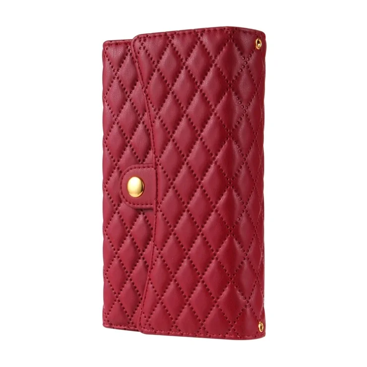 BKS-002 For iPhone 13 Phone Case Zipper Pocket Folio PU Leather Flip Cover with 2 Straps - Red