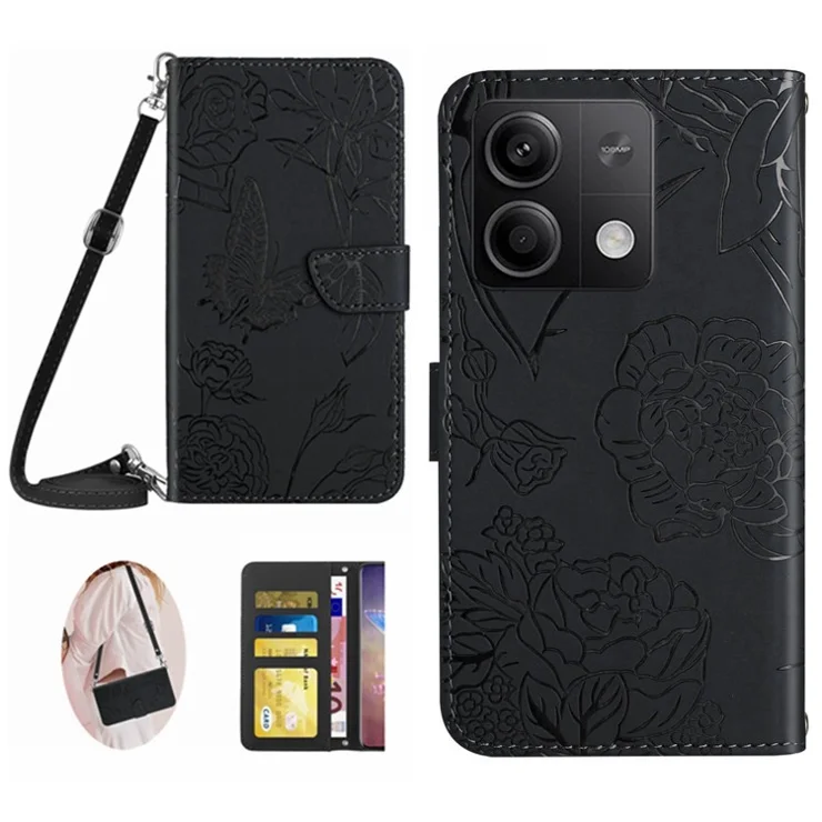 HT03 For Xiaomi Redmi Note 13 4G Cell Phone Case Imprinted Leather Cover with Long Strap - Black