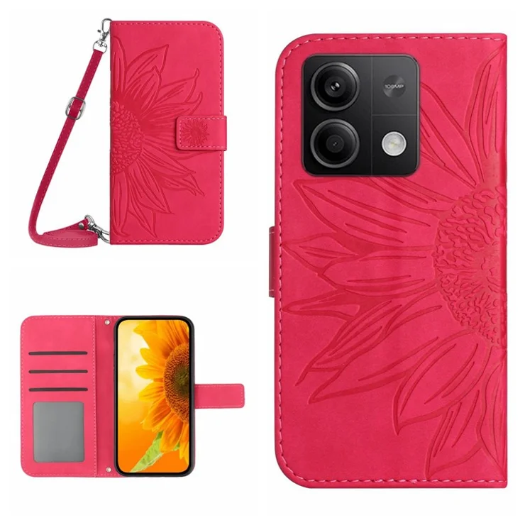 HT04 For Xiaomi Redmi Note 13 4G Magnetic Phone Case Sunflower Imprint Leather Cover - Rose