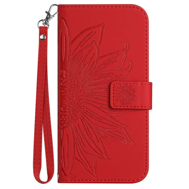 HT04 For Realme C67 4G Leather Phone Case Sunflower Pattern Flip Wallet Cover with Hand Strap - Red