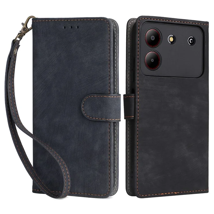 For ZTE Blade A54 Wallet Case Leather RFID Blocking Phone Cover with Hand Strap - Black