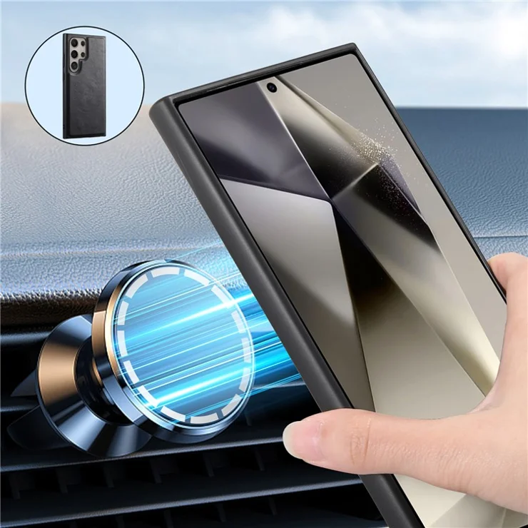 DENIOR For Samsung Galaxy S24 Ultra Magnetic Case Cowhide Texture Leather Back Cover - Black