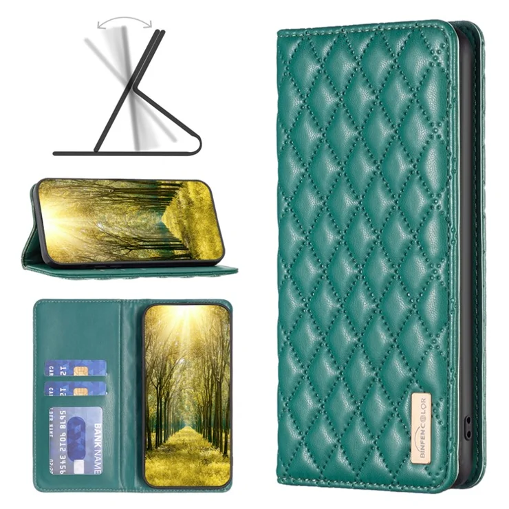 BINFEN COLOR BF Style-16 For Oppo Find X7 5G Case Rhombus Grid Leather Cover with Card Slots - Green
