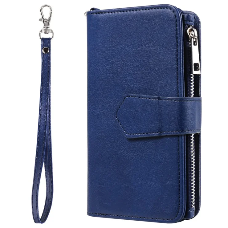 For Samsung Galaxy S24 Ultra Magnetic Leather Case Mobile Cover with Detachable Zipper Wallet Strap - Blue