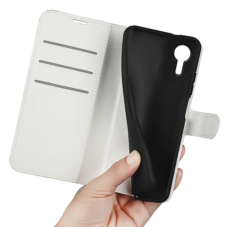 For Samsung Galaxy Xcover7 Litchi Texture PU Leather Wallet Case Card Slot Stand Phone Cover - White