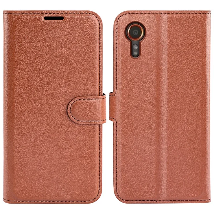 For Samsung Galaxy Xcover7 Litchi Texture PU Leather Wallet Case Card Slot Stand Phone Cover - Brown