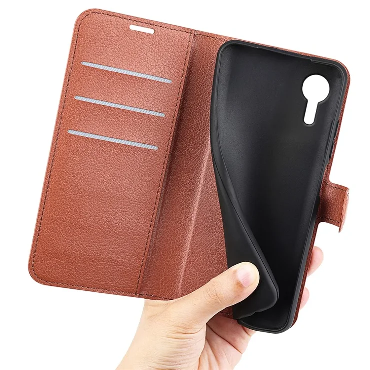 For Samsung Galaxy Xcover7 Litchi Texture PU Leather Wallet Case Card Slot Stand Phone Cover - Brown