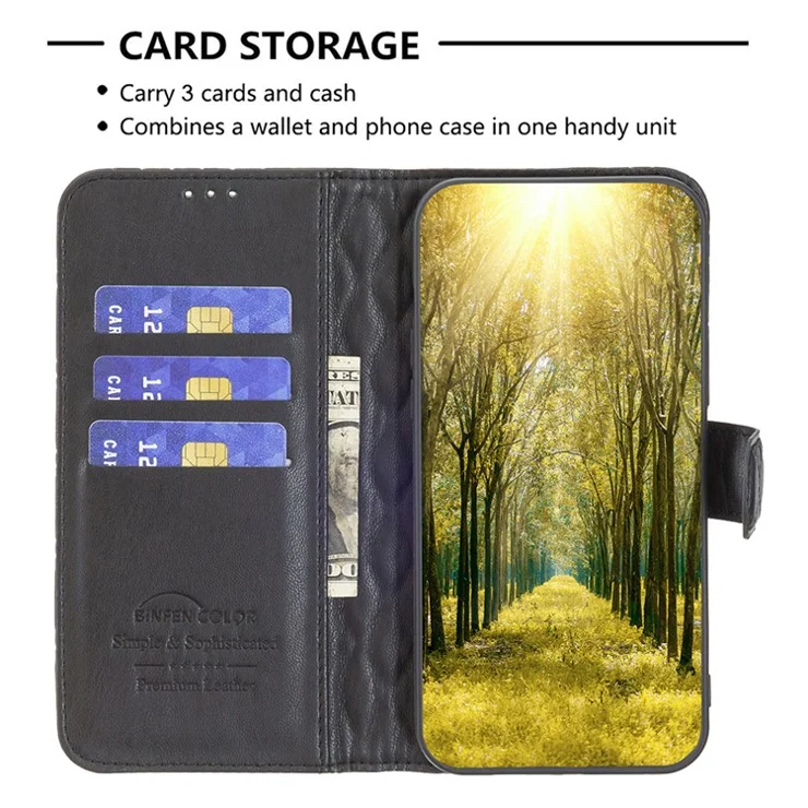 BINFEN COLOR BF Style-14 For Oppo Find X7 Ultra Phone Case Rhombus Leather Folio Flip Stand Cover - Black