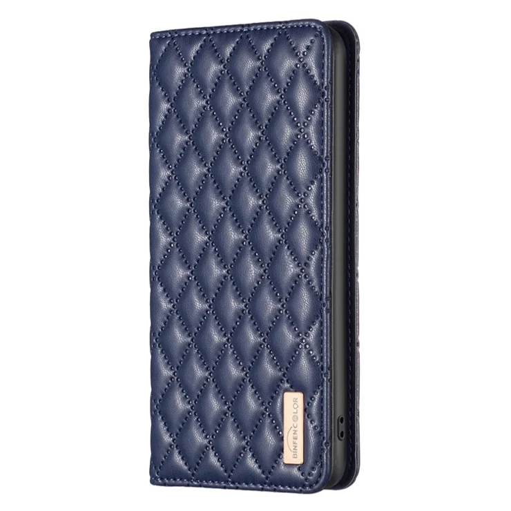 BINFEN COLOR BF Style-16 For Oppo A59 5G Phone Case with Card Holder Rhombus Grid Cover - Blue
