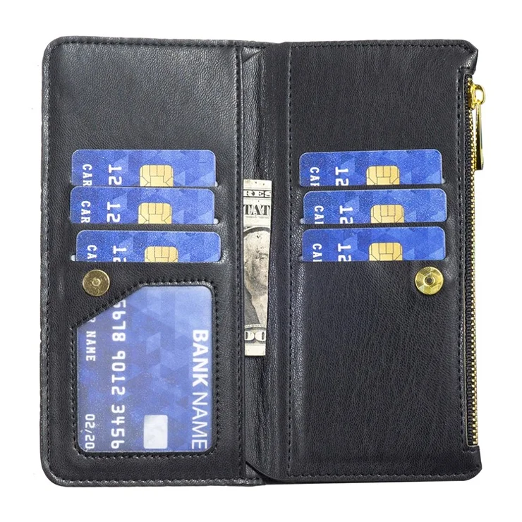 BINFEN COLOR BF Style-15 For Oppo A59 5G Magnetic Case Leather Zipper Pocket Phone Cover - Black