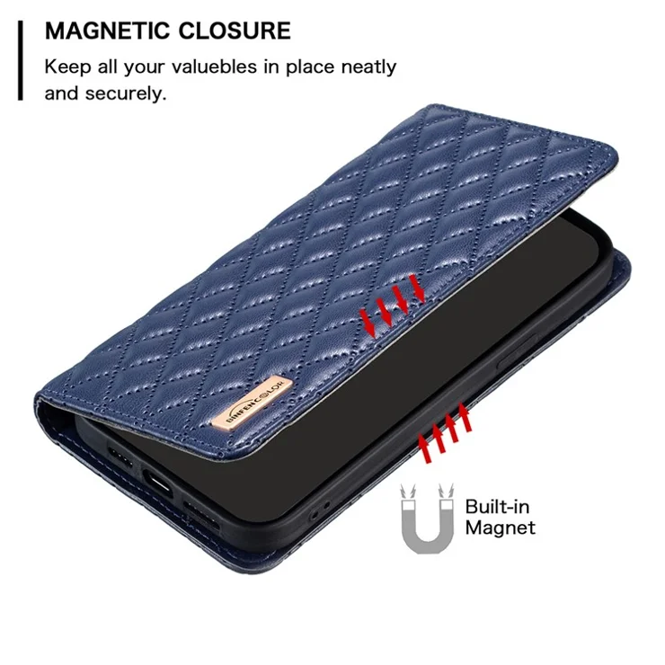 BINFEN COLOR BF Style-16 For Xiaomi Redmi Note 13 Pro 5G / Poco X6 5G Phone Case Rhombus Grid Viewing Stand Cover - Blue