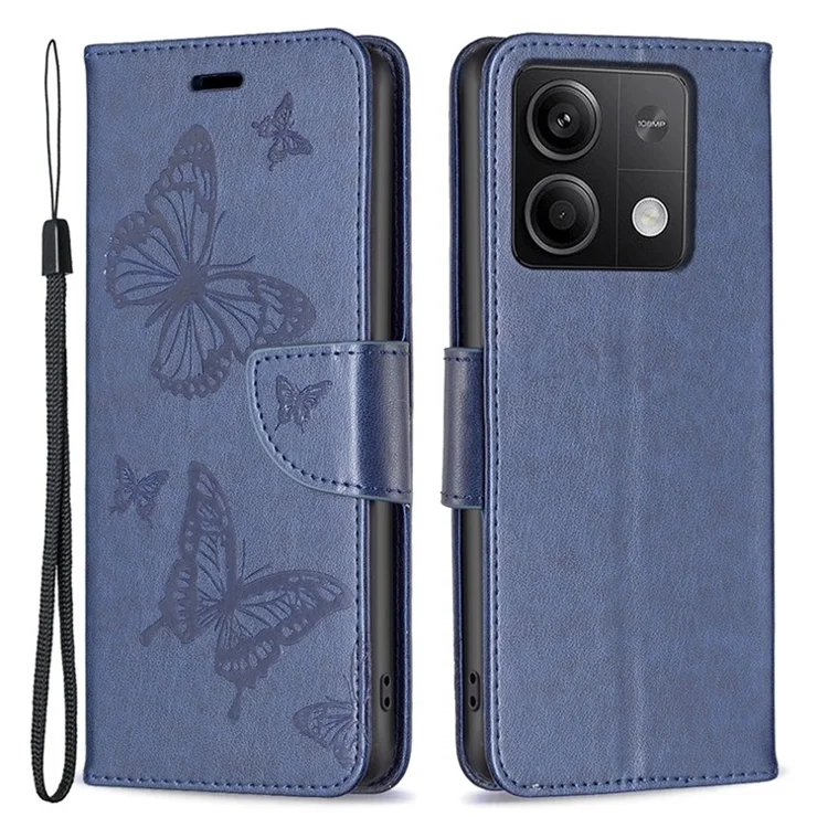 For Xiaomi Redmi Note 13 5G Leather Case Wallet Phone Cover Butterfly Pattern - Blue