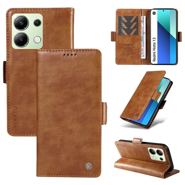 YIKATU YK-007 For Xiaomi Redmi Note 13 4G Leather Case Litchi Texture Cover Phone Wallet - Brown