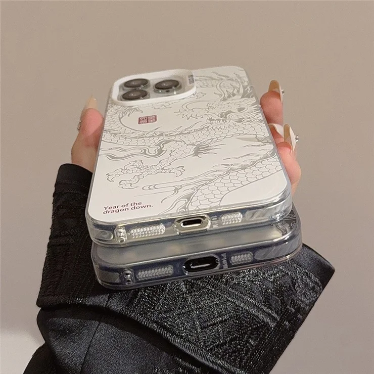 For iPhone 12 / 12 Pro Case Chinese Dragon Laser PC+TPU Phone Back Cover - Silver / Black