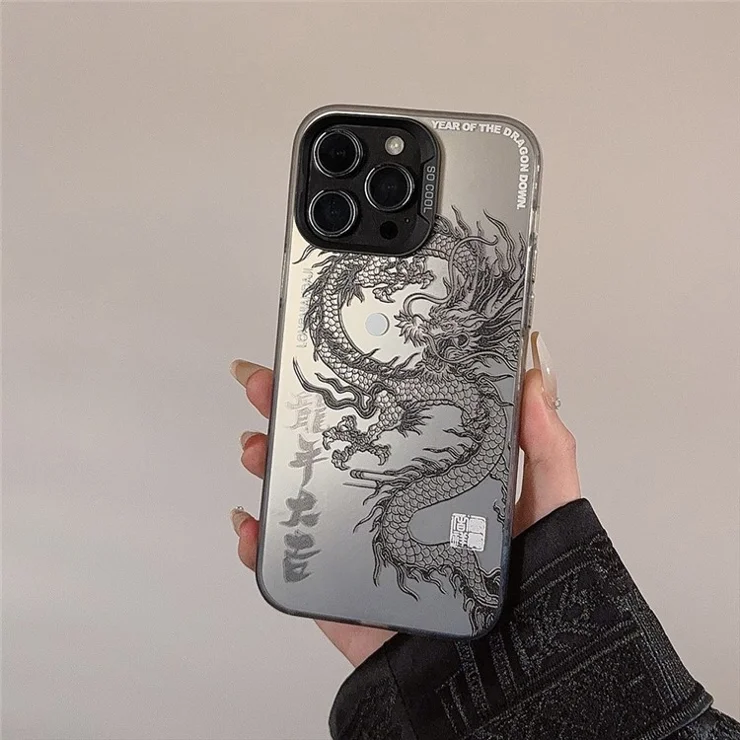 For iPhone 12 Pro Max Case Chinese Dragon Laser Pattern Anti-scratch Back Cover - Silver / Black