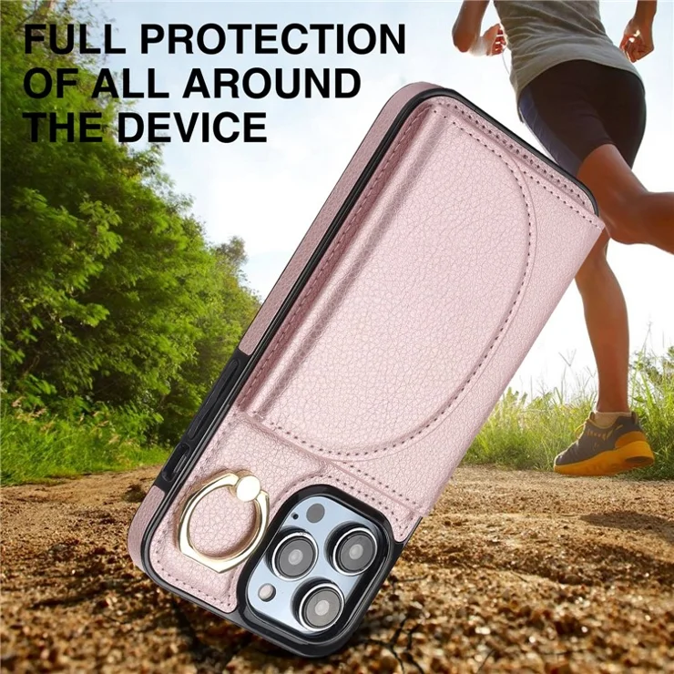 For iPhone 12 / 12 Pro Cell Phone Case Ring Kickstand Card Bag PU+TPU Cover - Rose Gold