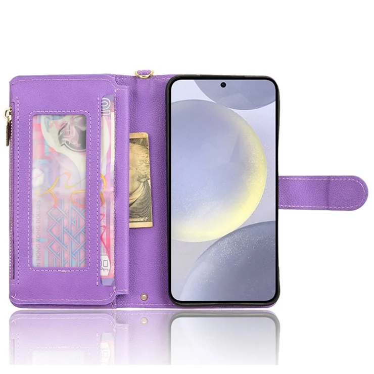 For Samsung Galaxy S24 Leather Case Zipper Pocket Phone Cover with 2 Straps - Purple