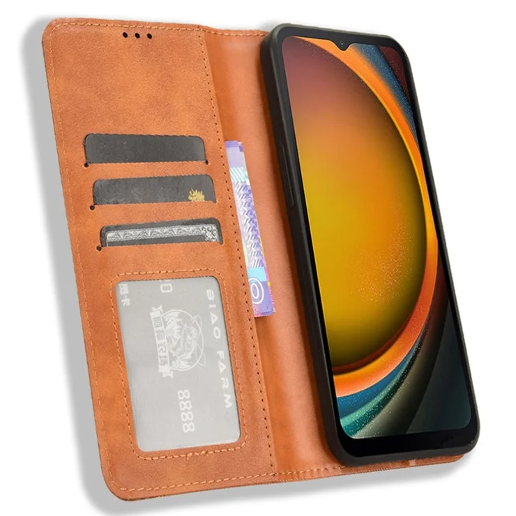 For Samsung Galaxy Xcover7 Wallet Case PU Leather Stand Retro Phone Cover - Brown