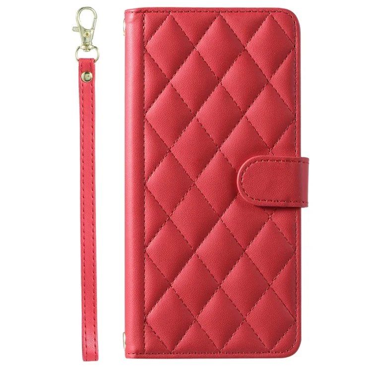 For iPhone 14 Leather Case Rhombus Grid Pattern Phone Wallet Cover - Red