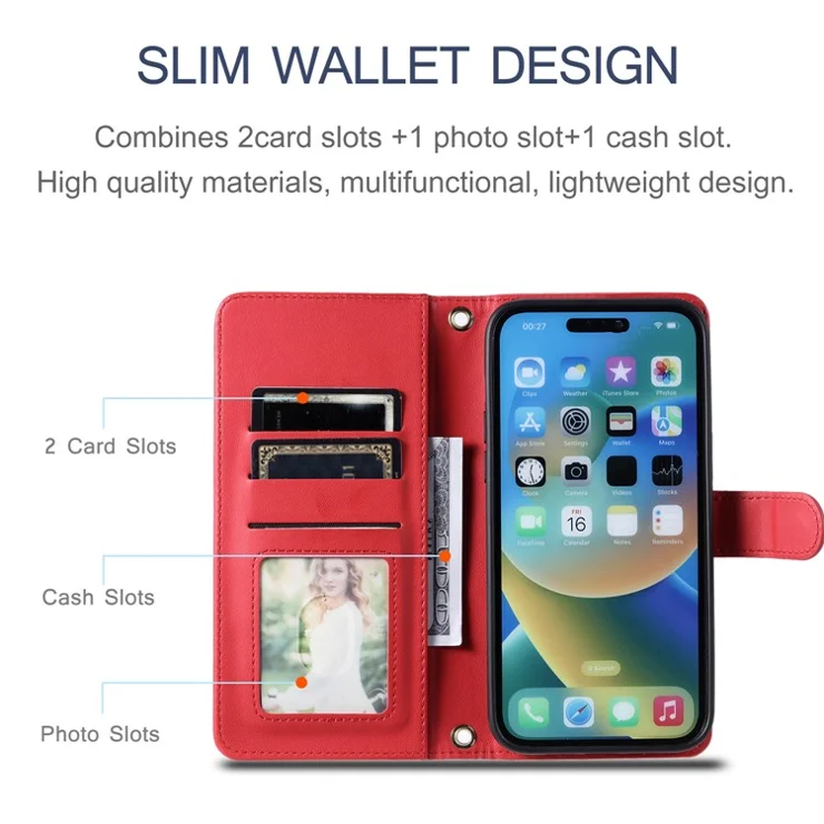 For iPhone 15 Pro Max Leather Case Stitching Rhombus Grid Stand Wallet Cover - Red