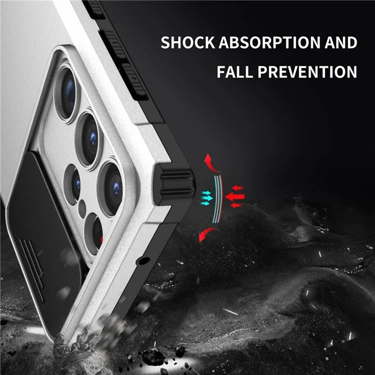 Bulk Purchasing For Samsung Galaxy S24 Ultra Case Camera Slider PC + TPU Phone Cover with Kickstand - White