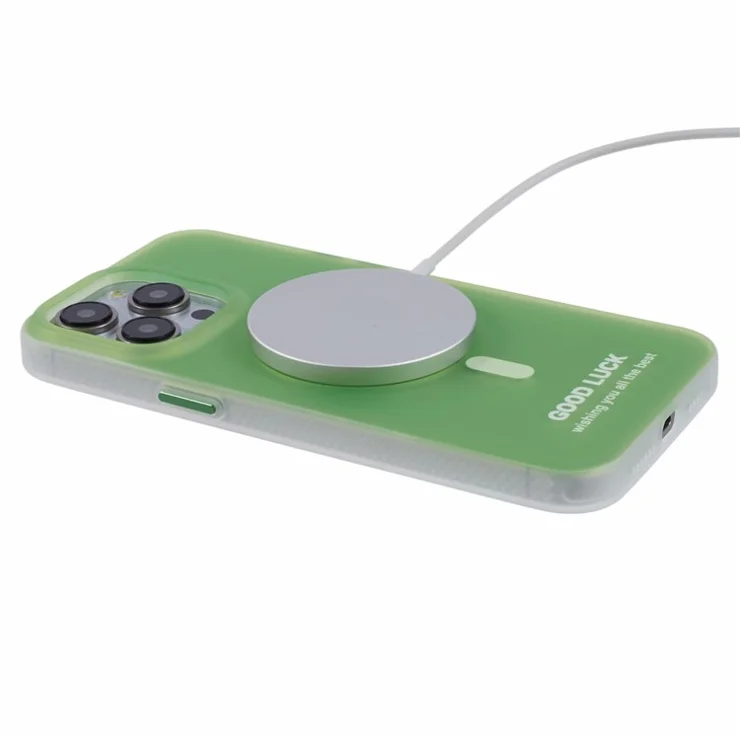 PP Series for iPhone 13 Pro IMD Phone Cover Magnetic Wireless Charging Case Metal Buttons - Translucent Green