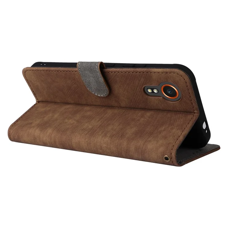 For Samsung Galaxy Xcover7 Leather Case with Strap RFID Blocking Wallet - Brown