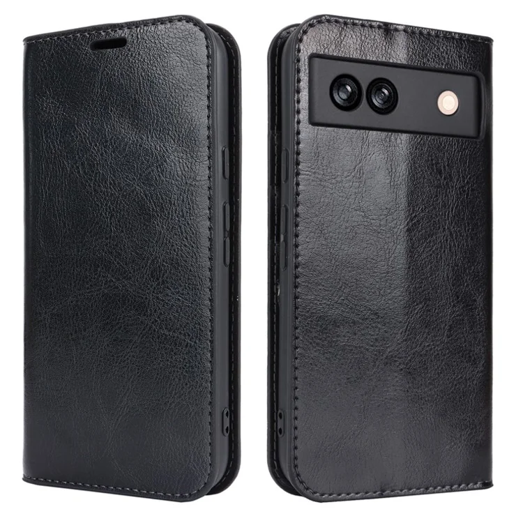 For Google Pixel 8a Phone Wallet Case Split Leather Cover Crazy Horse Texture - Black