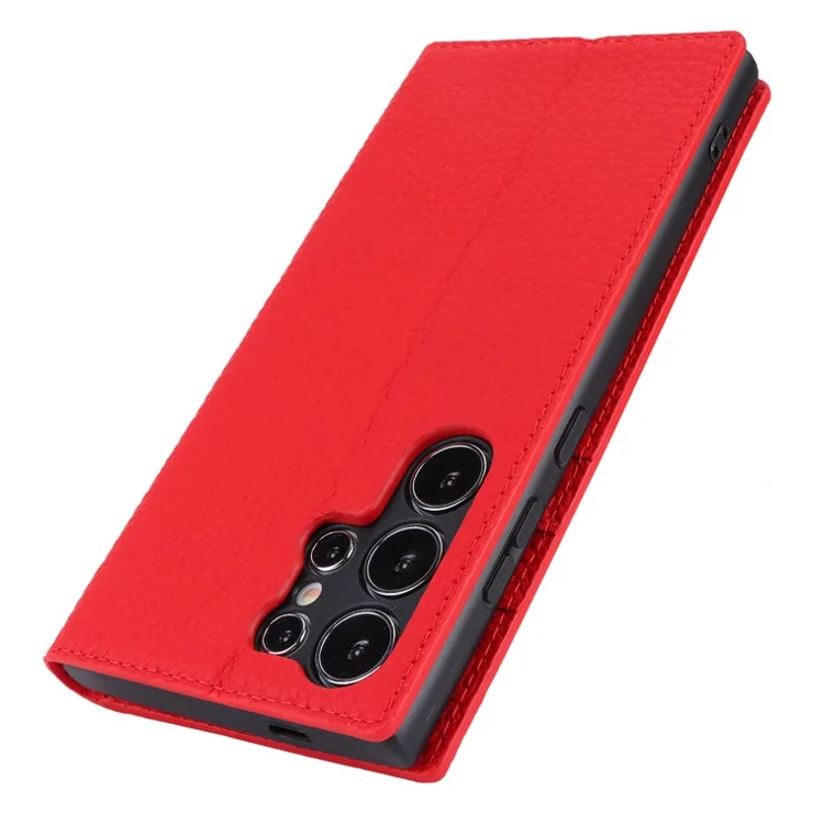 For Samsung Galaxy S24 Ultra Case with Hand Strap Genuine Cow Leather Cover - Red