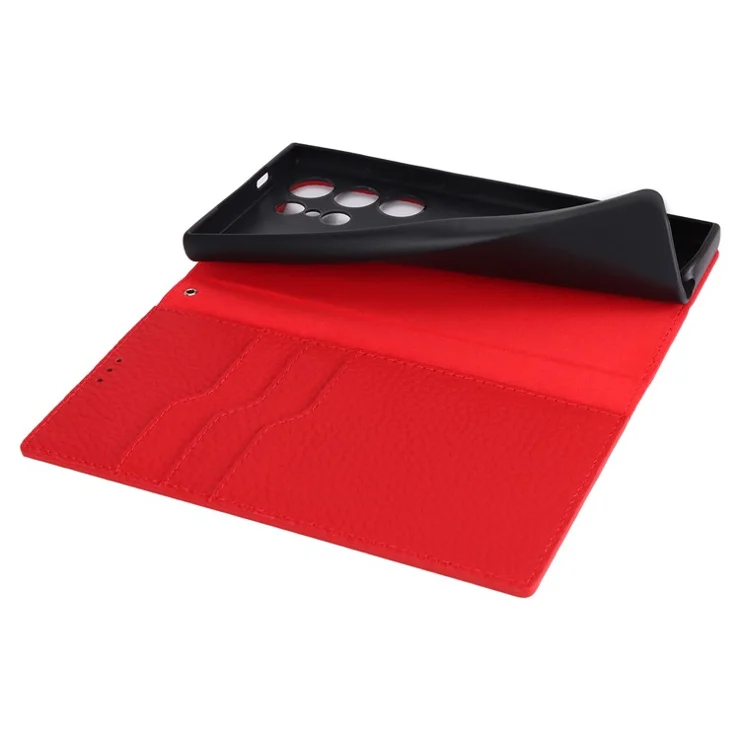 For Samsung Galaxy S24 Ultra Case with Hand Strap Genuine Cow Leather Cover - Red