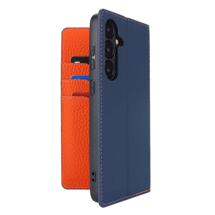 For Samsung Galaxy S24+ Wallet Case Genuine Cow Leather Phone Cover with Strap - Dark Blue