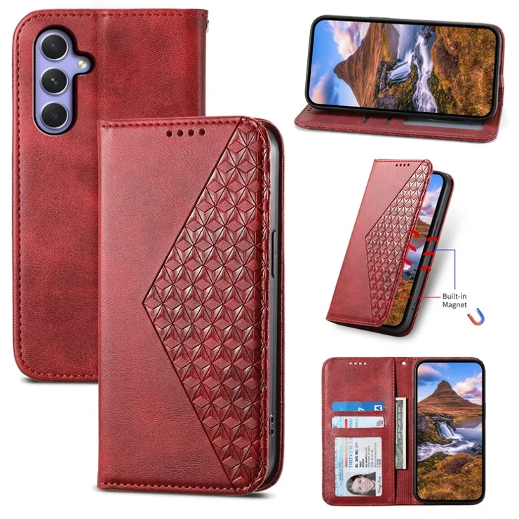 For Samsung Galaxy A55 5G Case Leather Phone Cover Wallet Rhombus Imprinted - Red