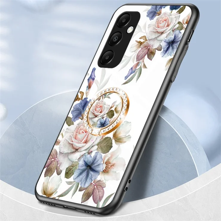 For Samsung Galaxy A35 5G Tempered Glass Case Ring Kickstand Phone Cover - Black Flower Bush