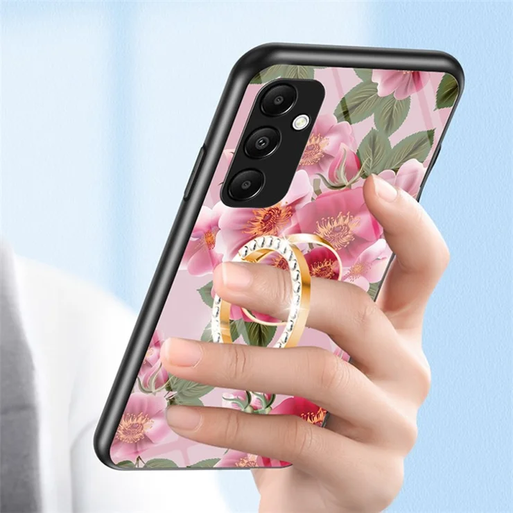 For Samsung Galaxy A55 5G Kickstand Case Flower Pattern Tempered Glass Cover - White Flower Bush