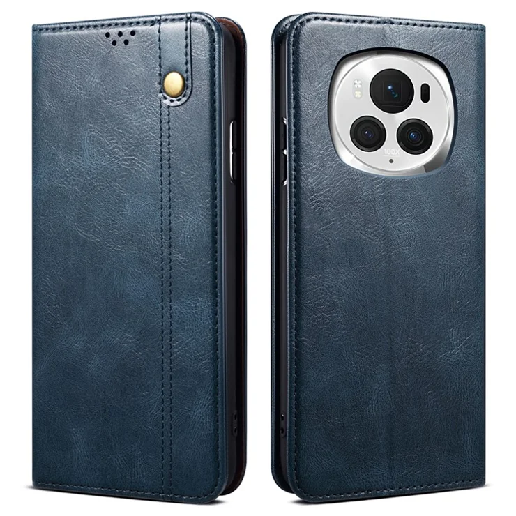 For Honor Magic6 Pro 5G Leather Case Waxy Crazy Horse Texture Wallet Phone Cover - Blue
