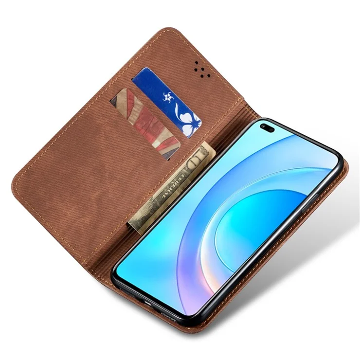 For Honor Magic6 Pro 5G Leather Case Wallet Phone Cover Jeans Cloth Texture - Coffee