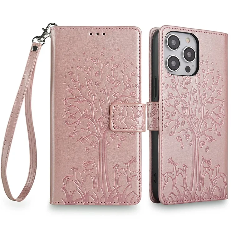 For iPhone 14 Pro Max Case Magnetic PU Leather+TPU Imprinted Phone Cover with Stand - Rose Gold