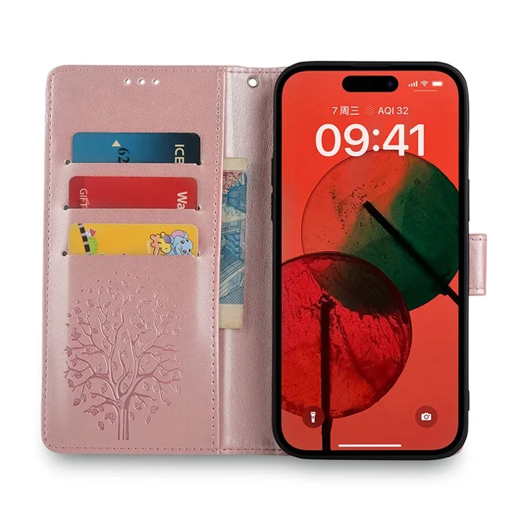For iPhone 14 Pro Max Case Magnetic PU Leather+TPU Imprinted Phone Cover with Stand - Rose Gold