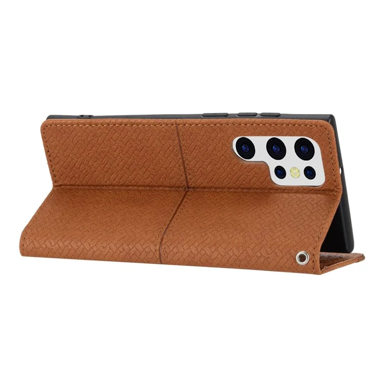 For Samsung Galaxy S24 Ultra Phone Case Woven Texture Leather Folio Wallet Cover - Brown